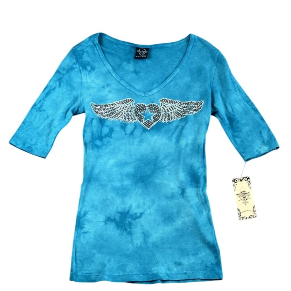 Sledge USA Women Small Shirt  Blue Rhinestone Winged Heart V Neck Tee 3/4 Sleeve